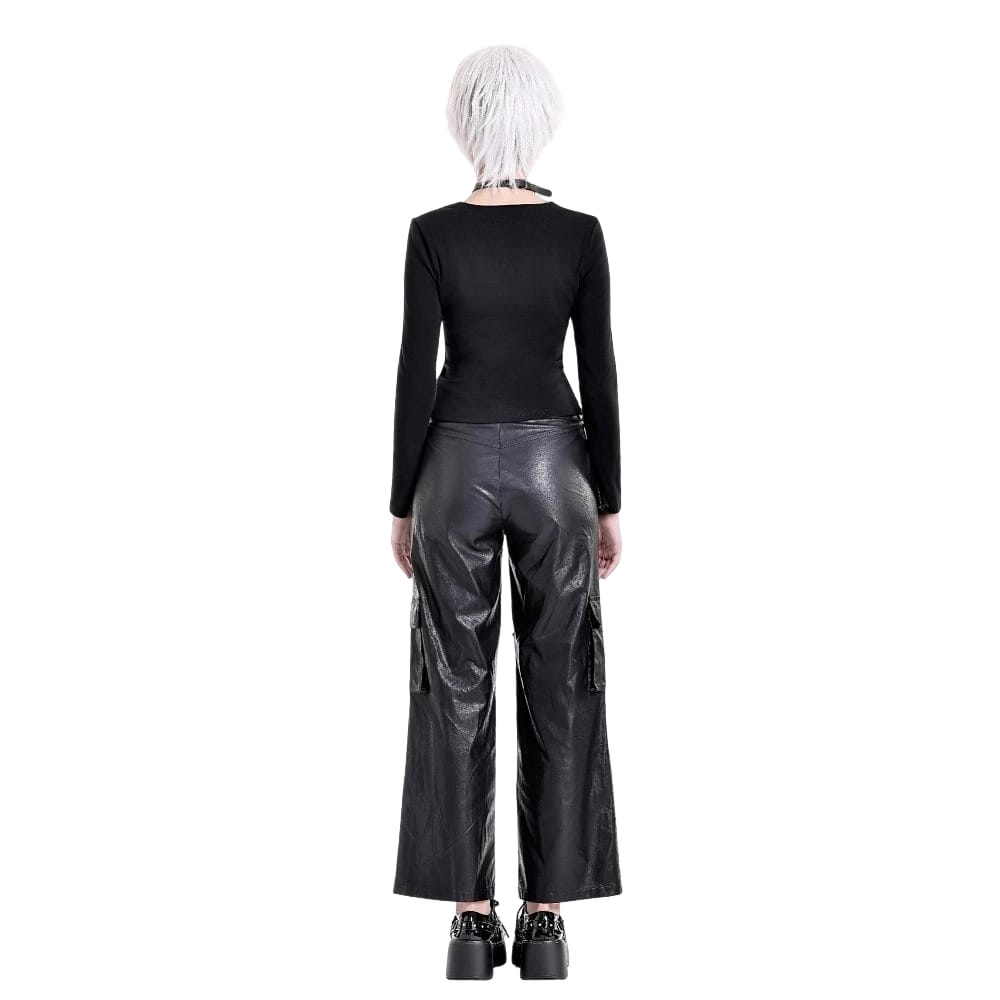 Darkinlove Women's Punk Skull Printed Eyelet V-neck Long Sleeve Top