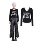 Darkinlove Women's Punk Skull Printed Eyelet V-neck Long Sleeve Top