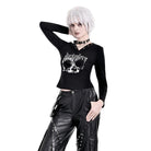 Darkinlove Women's Punk Skull Printed Eyelet V-neck Long Sleeve Top