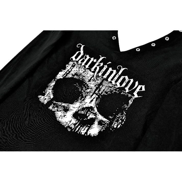 Darkinlove Women's Punk Skull Printed Eyelet V-neck Long Sleeve Top