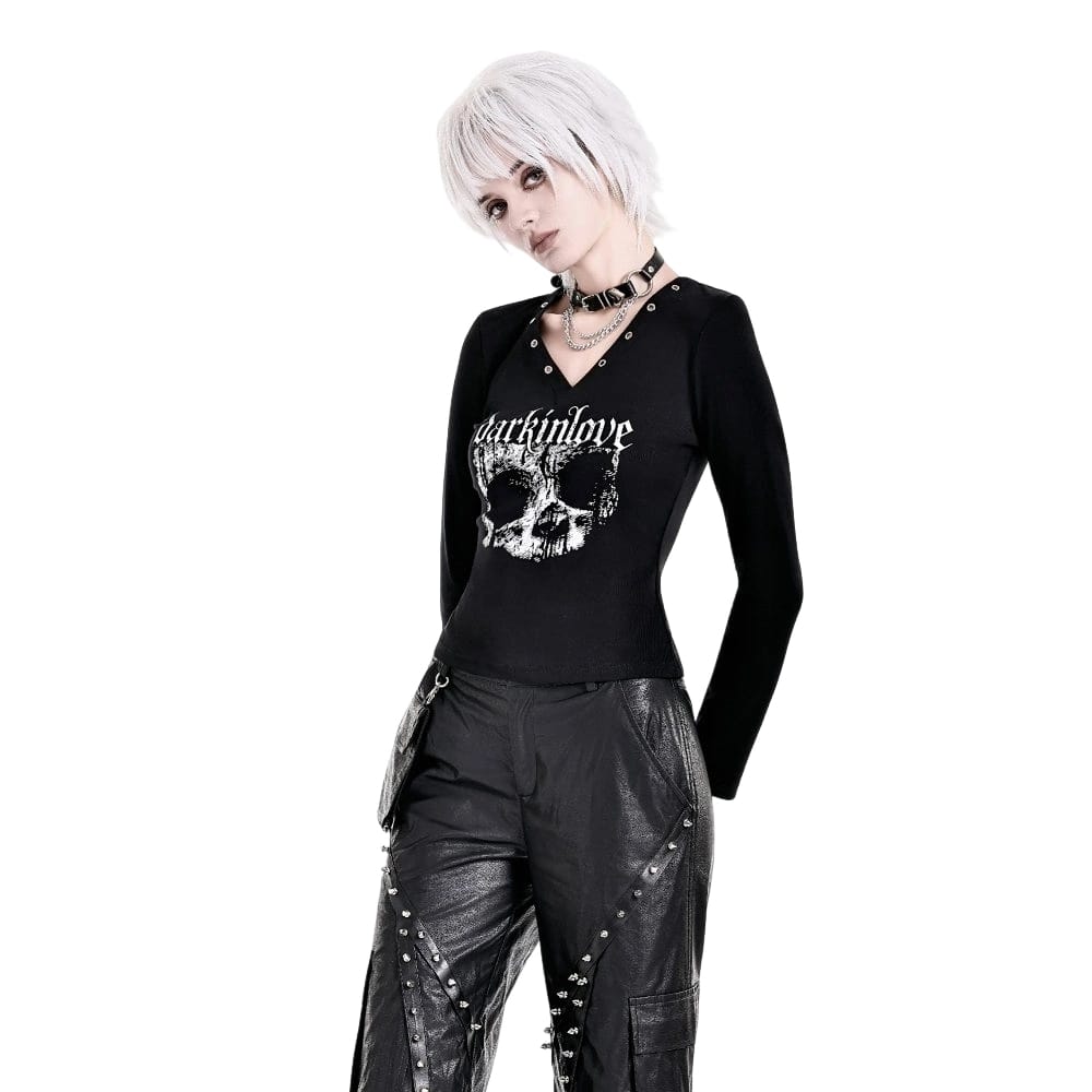 Darkinlove Women's Punk Skull Printed Eyelet V-neck Long Sleeve Top