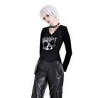 Darkinlove Women's Punk Skull Printed Eyelet V-neck Long Sleeve Top
