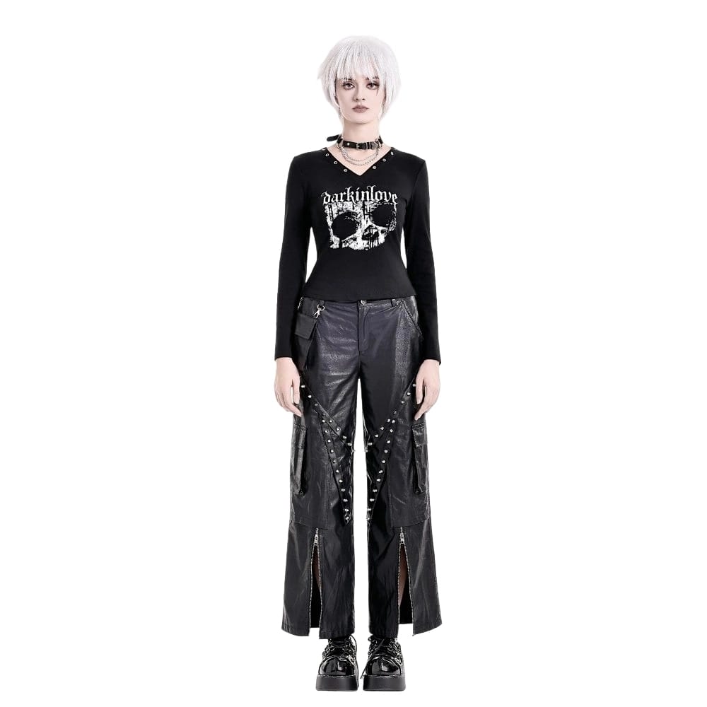 Darkinlove Women's Punk Skull Printed Eyelet V-neck Long Sleeve Top