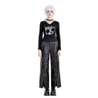 Darkinlove Women's Punk Skull Printed Eyelet V-neck Long Sleeve Top
