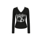 Darkinlove Women's Punk Skull Printed Eyelet V-neck Long Sleeve Top