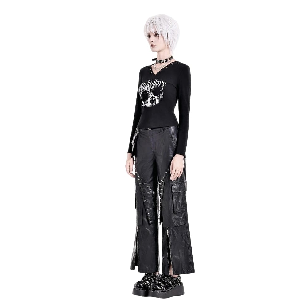 Darkinlove Women's Punk Skull Printed Eyelet V-neck Long Sleeve Top