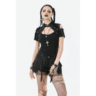 Darkinlove Women's Punk Skull Rivets Cutout Short Sleeved Shirt