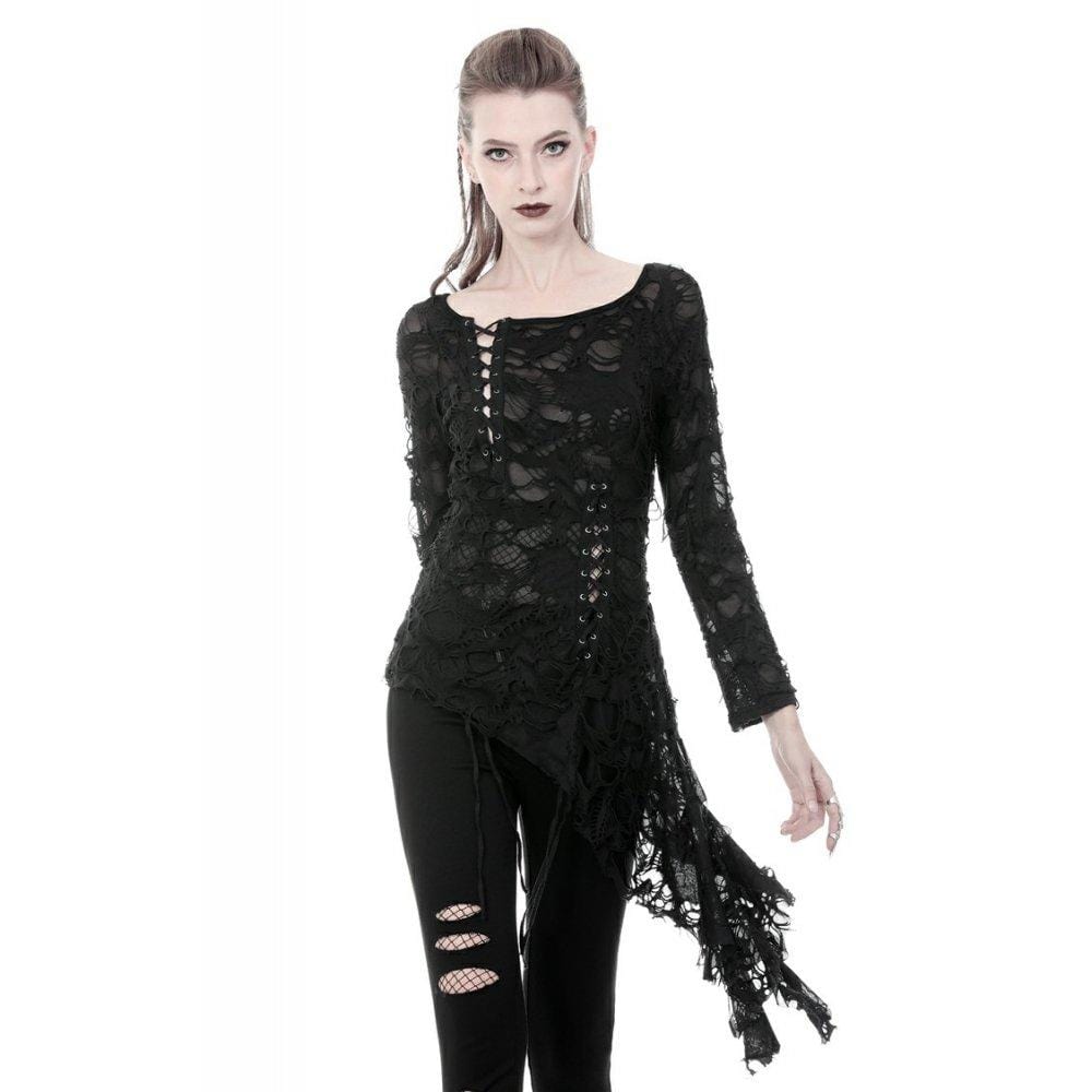 Darkinlove Women's Punk Skull Sexy Lace-up Front Ragged Tops