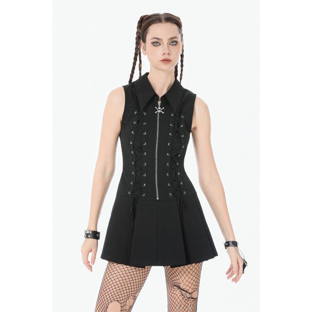 Darkinlove Women's Punk Skull Zip Turn-down Collar Sleeveless Dress