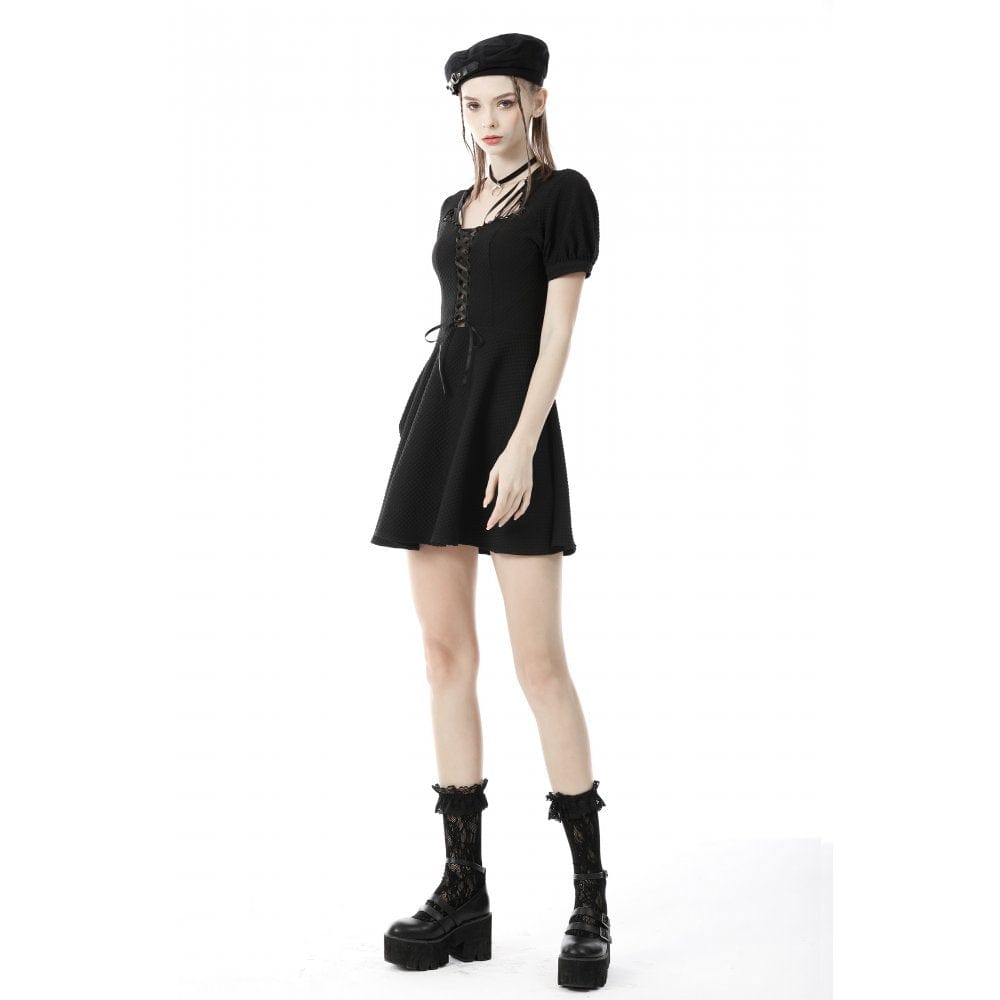 Darkinlove Women's Punk Square Collar Lacing-up Black Little Dress