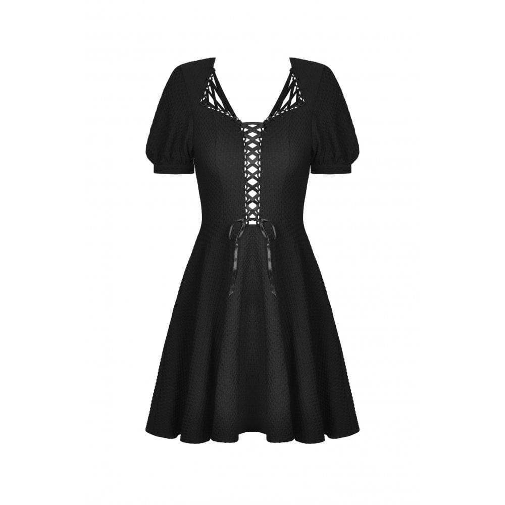 Darkinlove Women's Punk Square Collar Lacing-up Black Little Dress