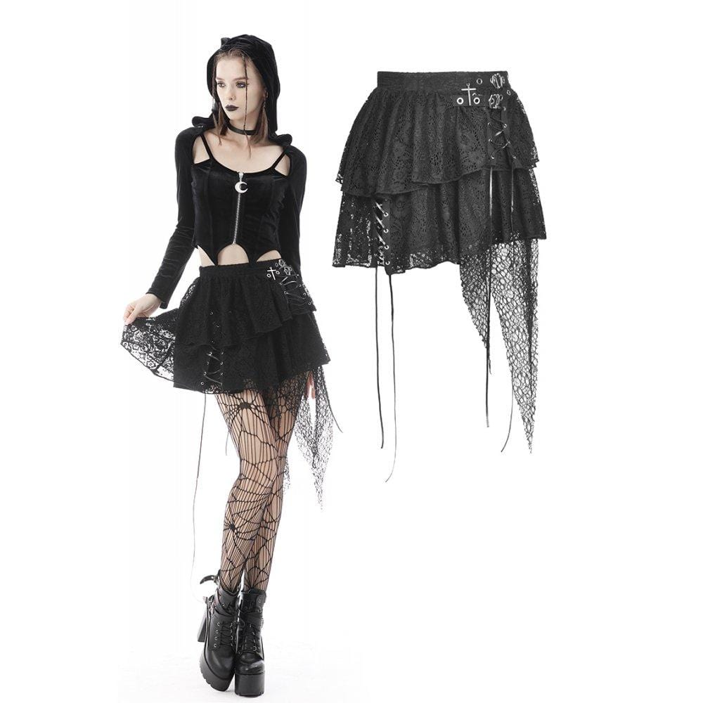 Darkinlove Women's Punk Strappy Cross Layered Lace Skirt