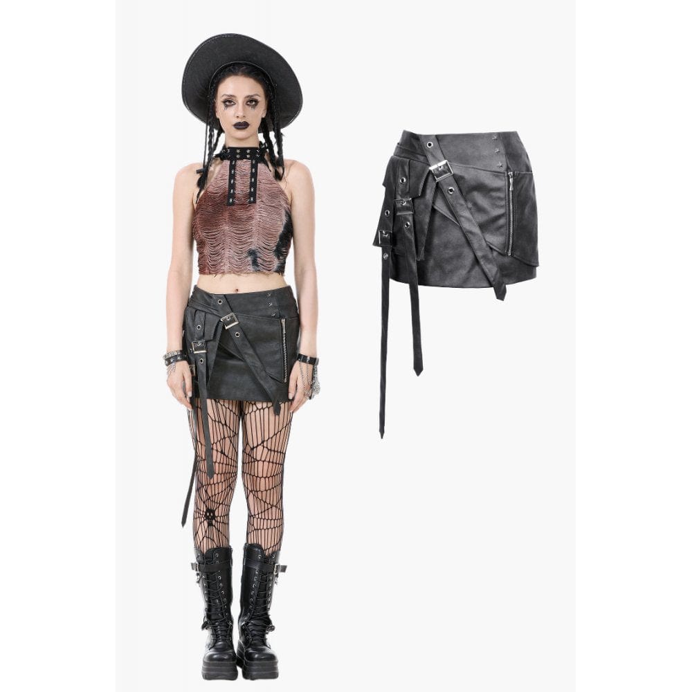 Darkinlove Women's Punk Straps Faux Leather Short Skirt