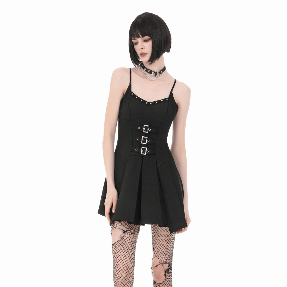 Darkinlove Women's Punk Studded Buckle Straps Pleated Slip Dress