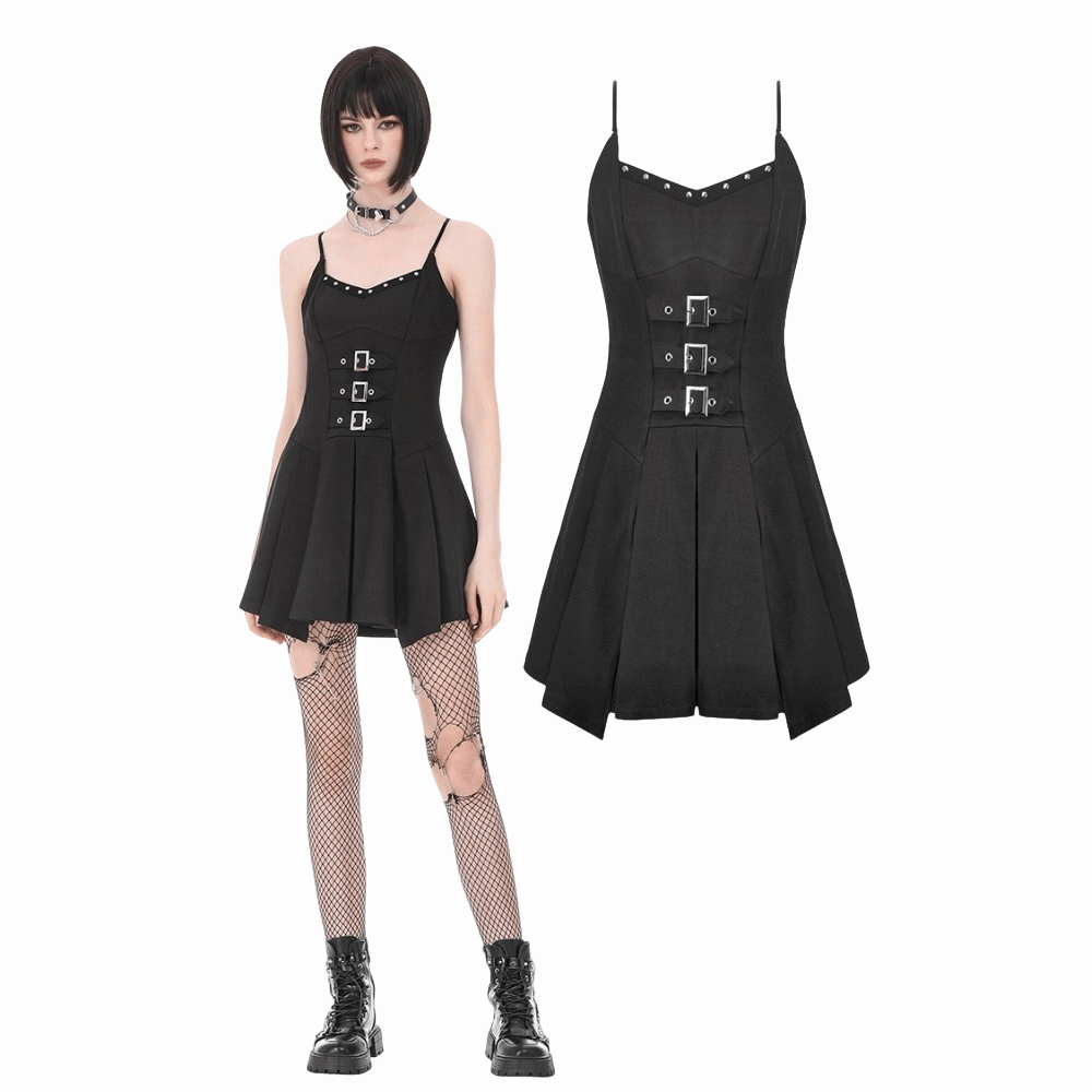 Darkinlove Women's Punk Studded Buckle Straps Pleated Slip Dress