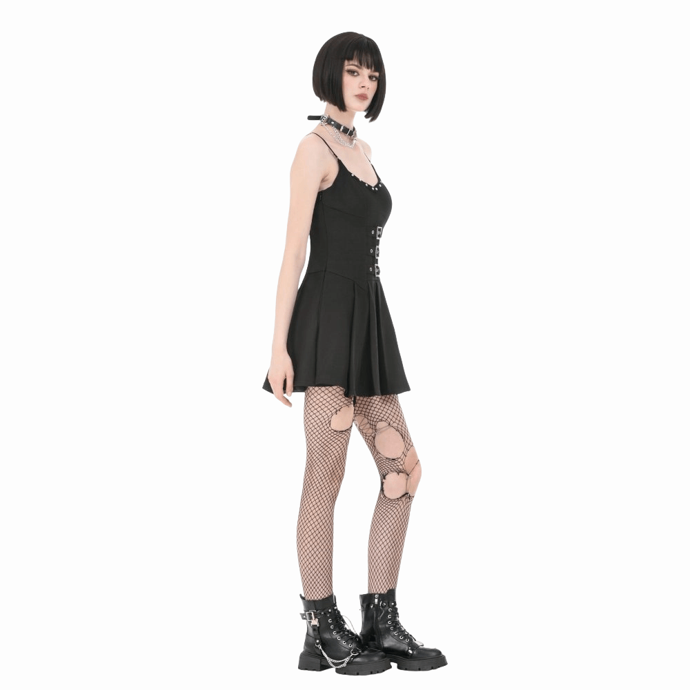 Darkinlove Women's Punk Studded Buckle Straps Pleated Slip Dress