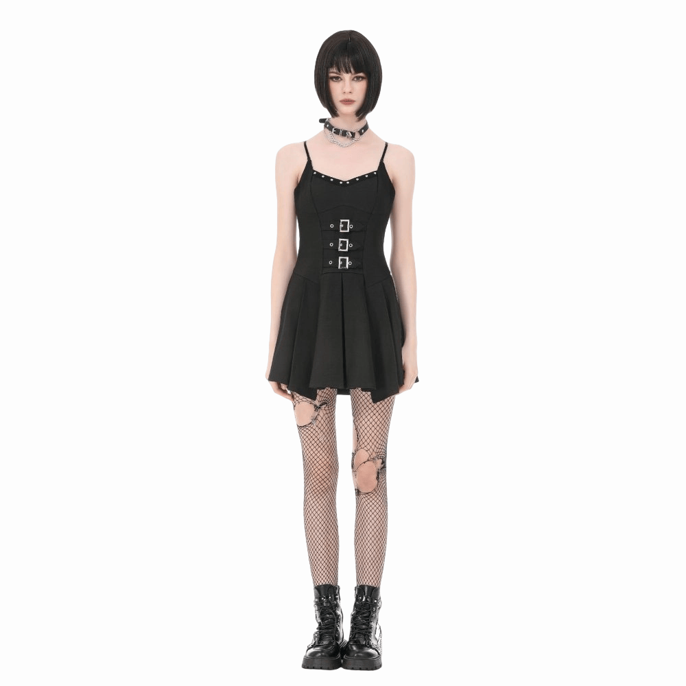 Darkinlove Women's Punk Studded Buckle Straps Pleated Slip Dress