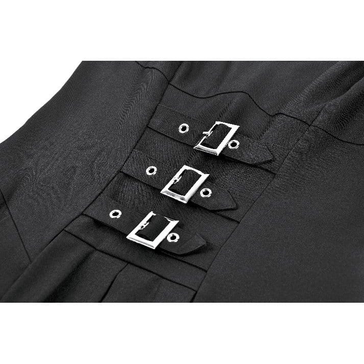 Darkinlove Women's Punk Studded Buckle Straps Pleated Slip Dress