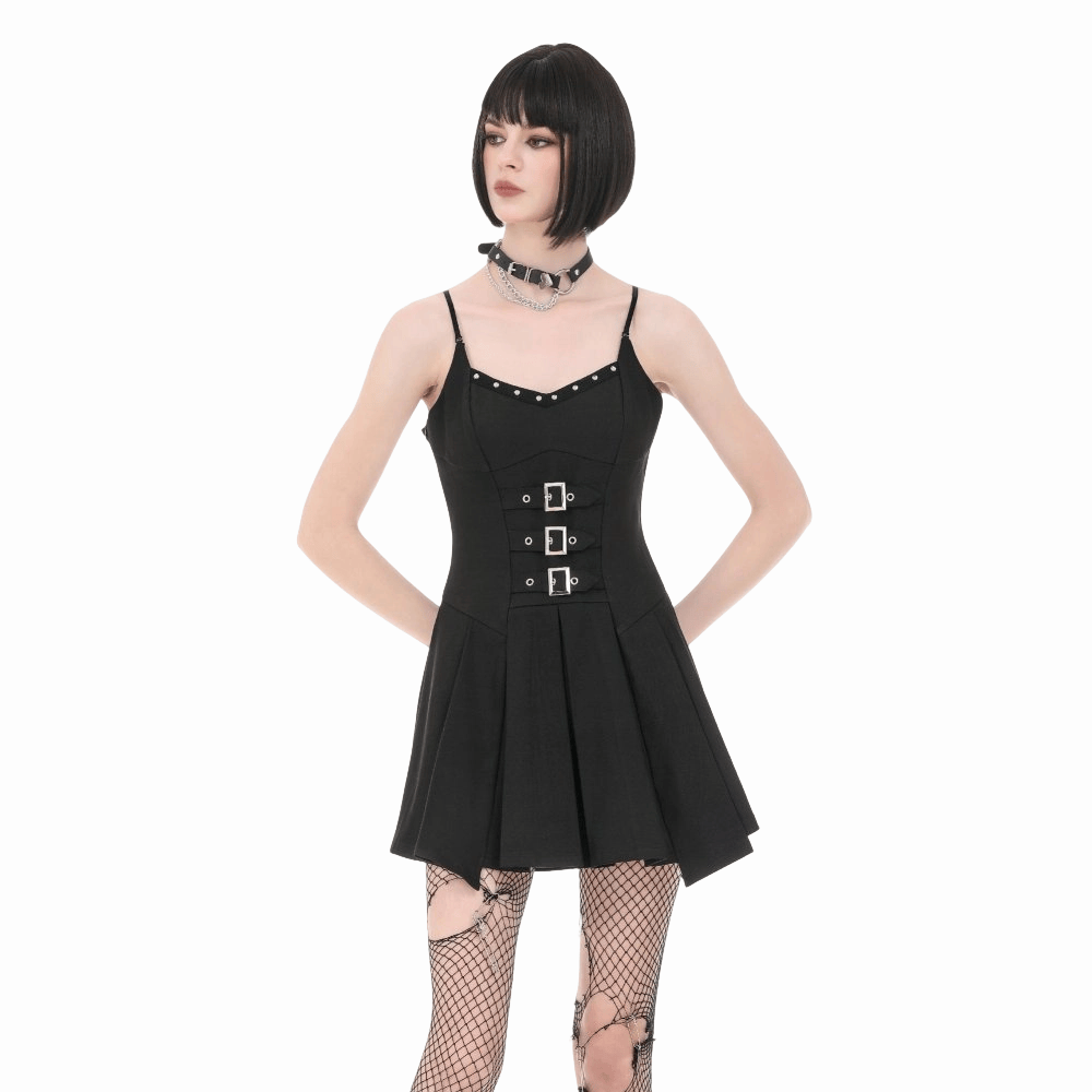 Darkinlove Women's Punk Studded Buckle Straps Pleated Slip Dress