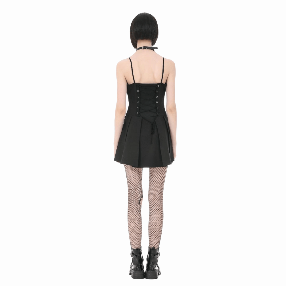 Darkinlove Women's Punk Studded Buckle Straps Pleated Slip Dress