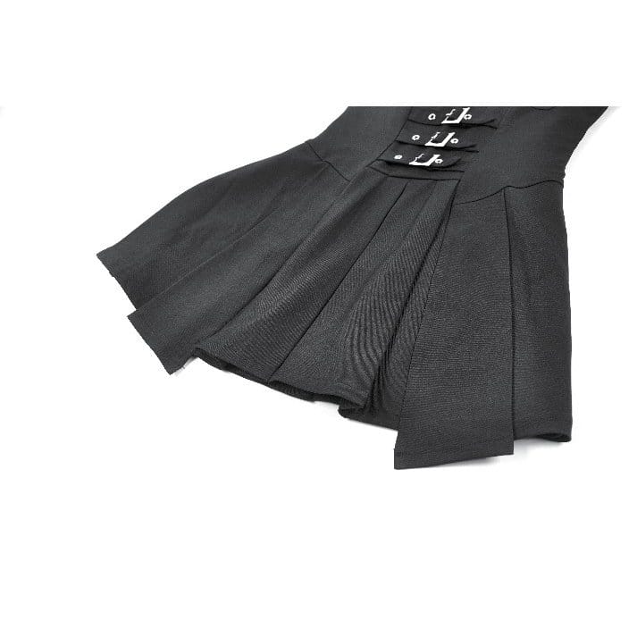 Darkinlove Women's Punk Studded Buckle Straps Pleated Slip Dress