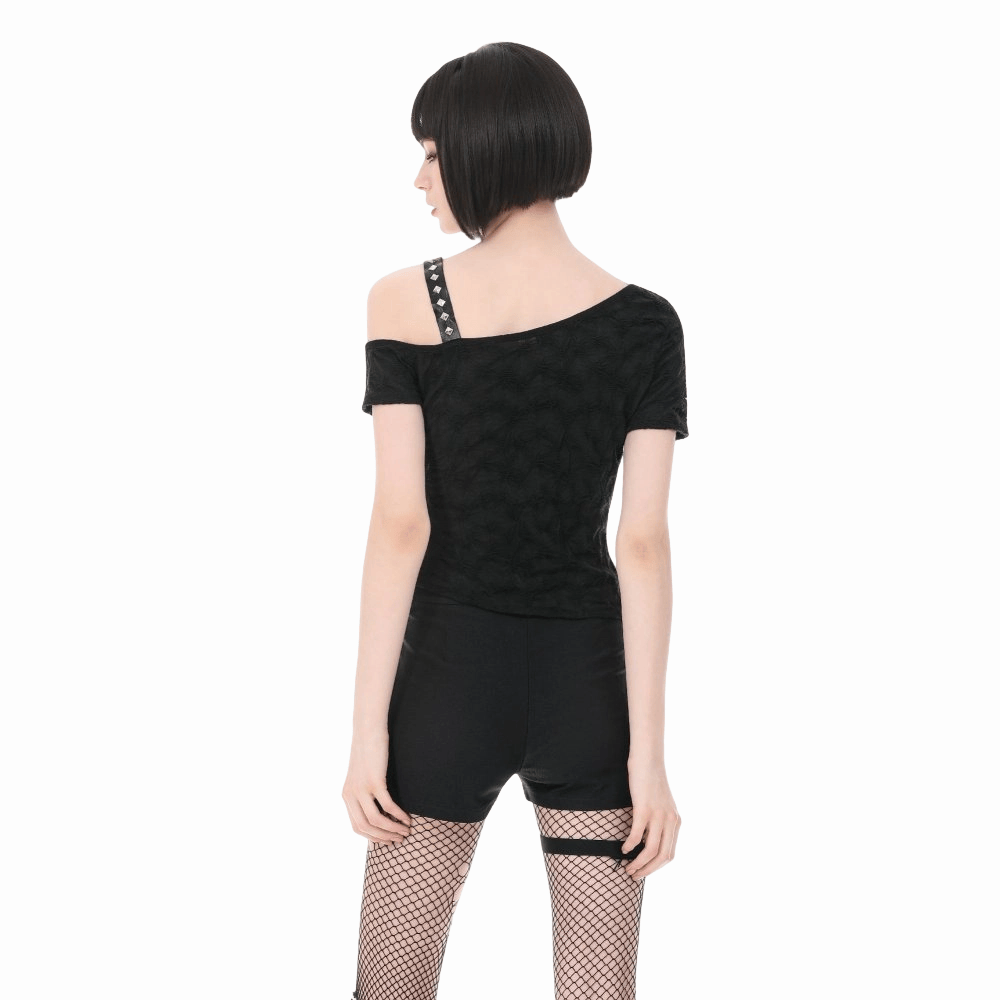 Darkinlove Women's Punk Studded Cross Straps Asymmetric Short Sleeve Top