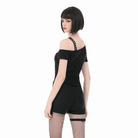 Darkinlove Women's Punk Studded Cross Straps Asymmetric Short Sleeve Top