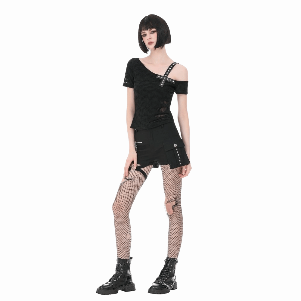 Darkinlove Women's Punk Studded Cross Straps Asymmetric Short Sleeve Top