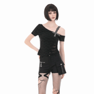 Darkinlove Women's Punk Studded Cross Straps Asymmetric Short Sleeve Top