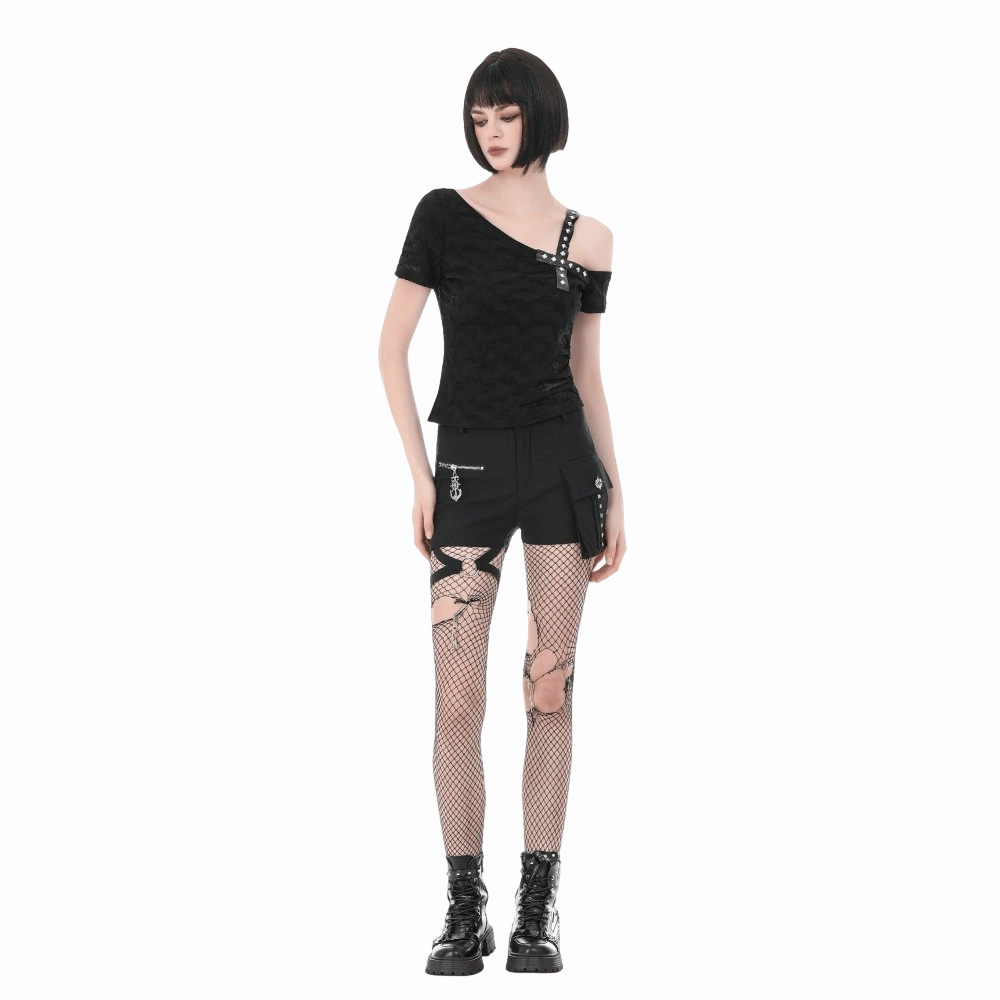 Darkinlove Women's Punk Studded Cross Straps Asymmetric Short Sleeve Top