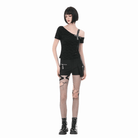 Darkinlove Women's Punk Studded Cross Straps Asymmetric Short Sleeve Top