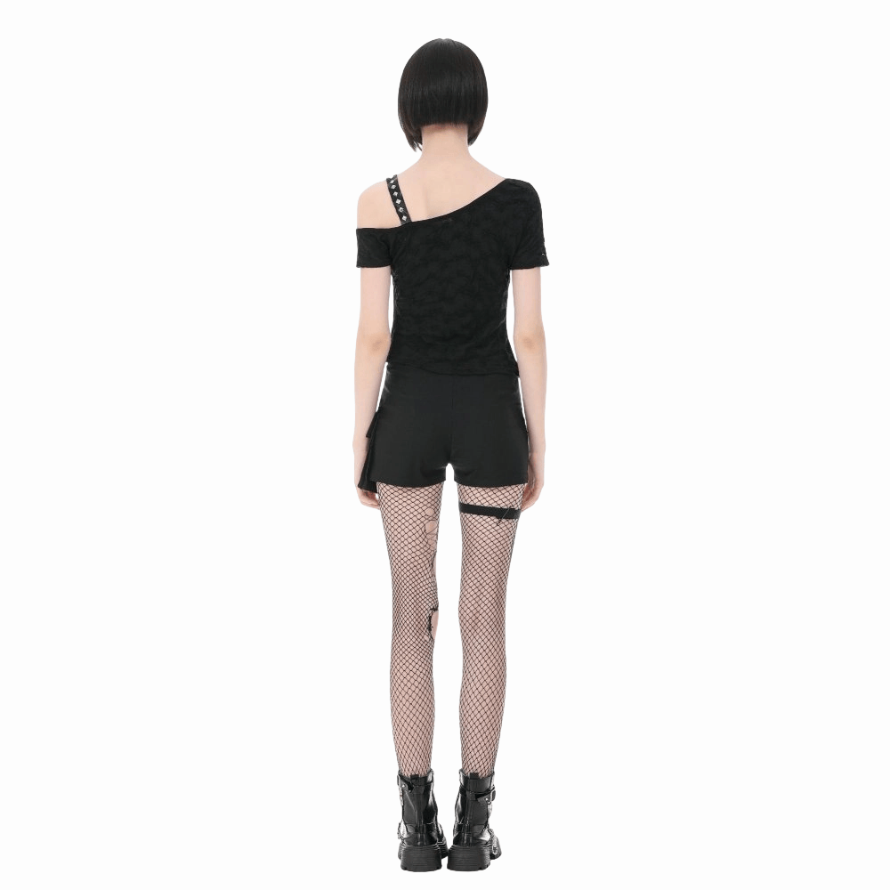 Darkinlove Women's Punk Studded Cross Straps Asymmetric Short Sleeve Top