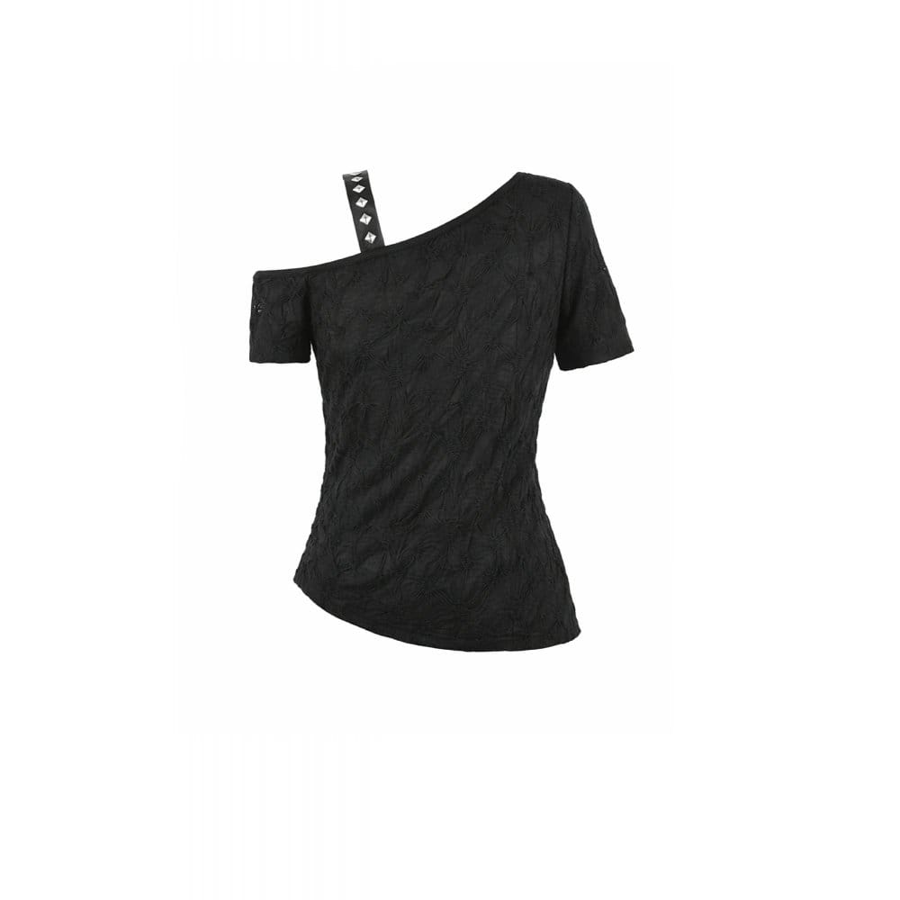 Darkinlove Women's Punk Studded Cross Straps Asymmetric Short Sleeve Top