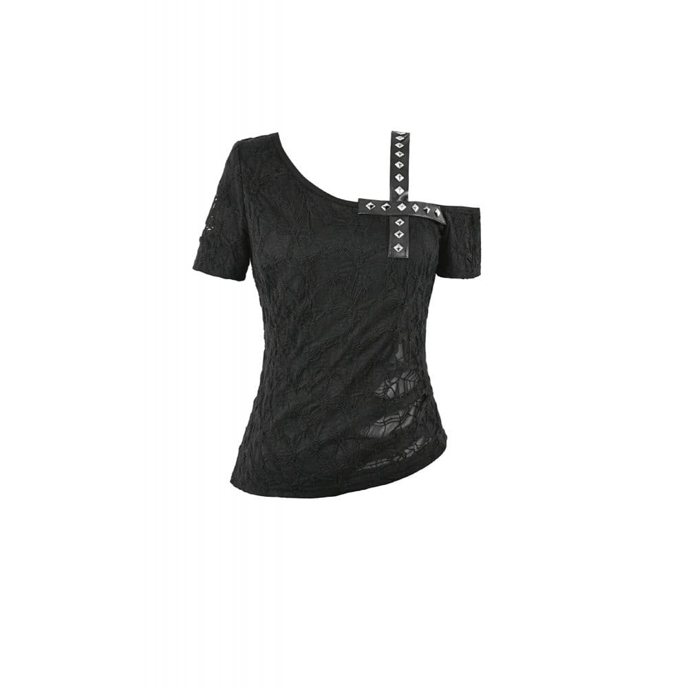 Darkinlove Women's Punk Studded Cross Straps Asymmetric Short Sleeve Top