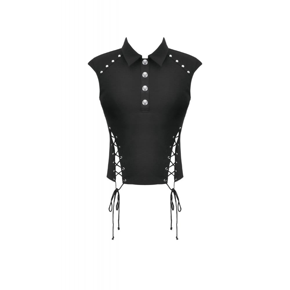 Darkinlove Women's Punk Studded Lace-up Turn-down Collar Sleeveless Top