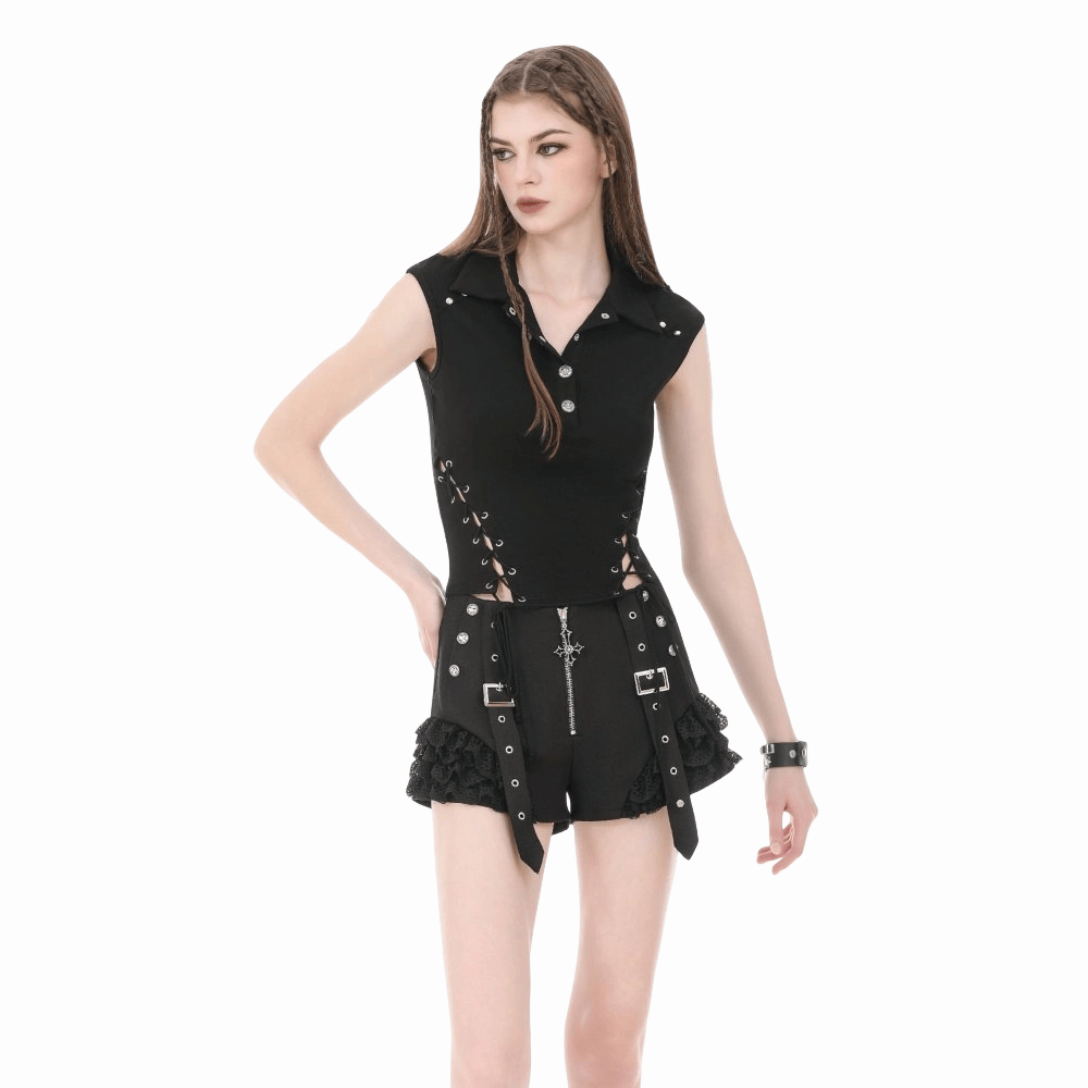 Darkinlove Women's Punk Studded Lace-up Turn-down Collar Sleeveless Top
