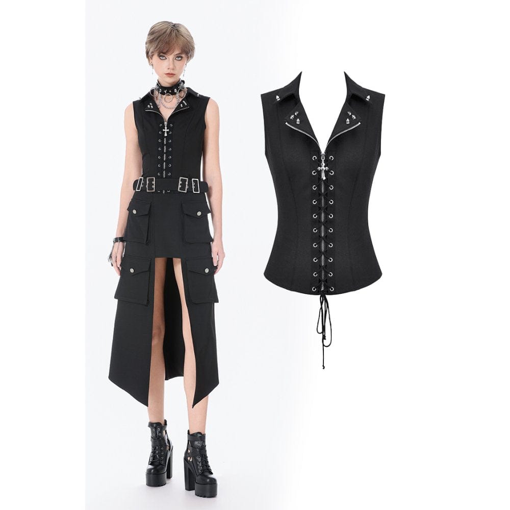 Darkinlove Women's Punk Studded Lace-up Zip Turn-down Collar Vest