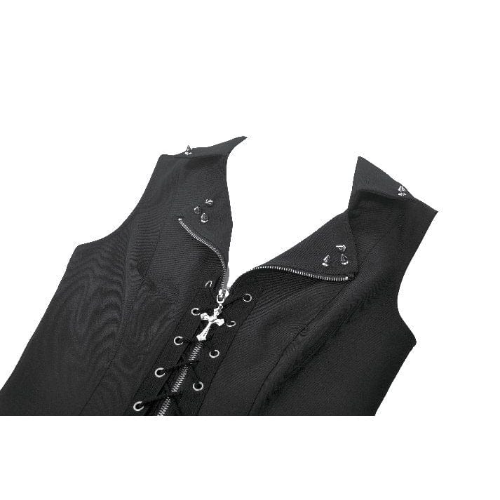 Darkinlove Women's Punk Studded Lace-up Zip Turn-down Collar Vest