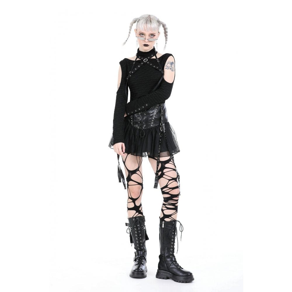 Darkinlove Women's Punk Studded Mesh Faux Leather Skirt
