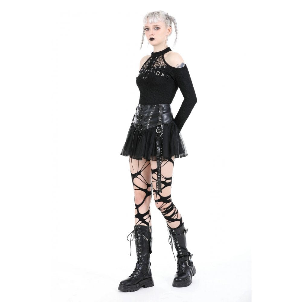 Darkinlove Women's Punk Studded Mesh Faux Leather Skirt