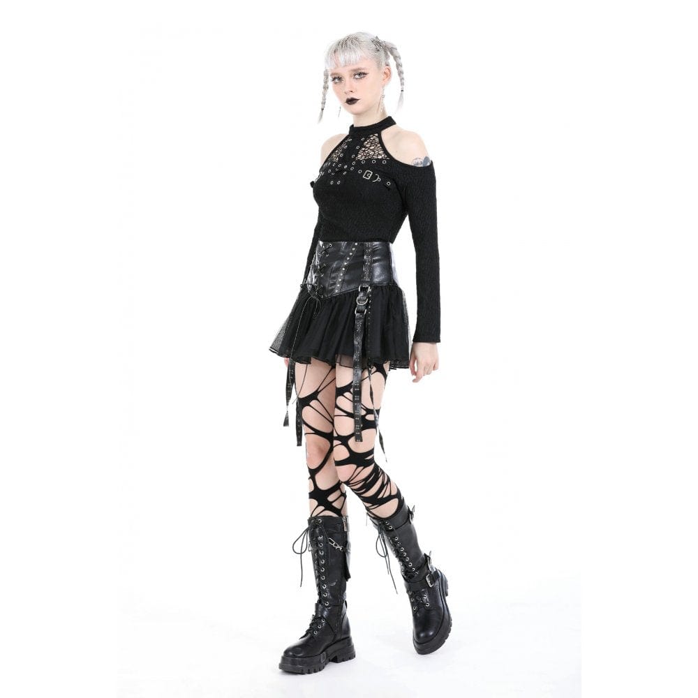 Darkinlove Women's Punk Studded Mesh Faux Leather Skirt