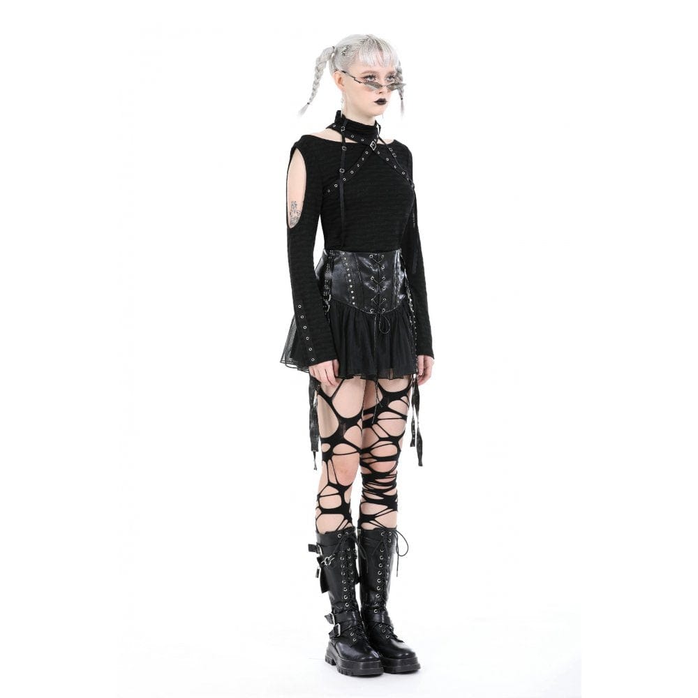 Darkinlove Women's Punk Studded Mesh Faux Leather Skirt