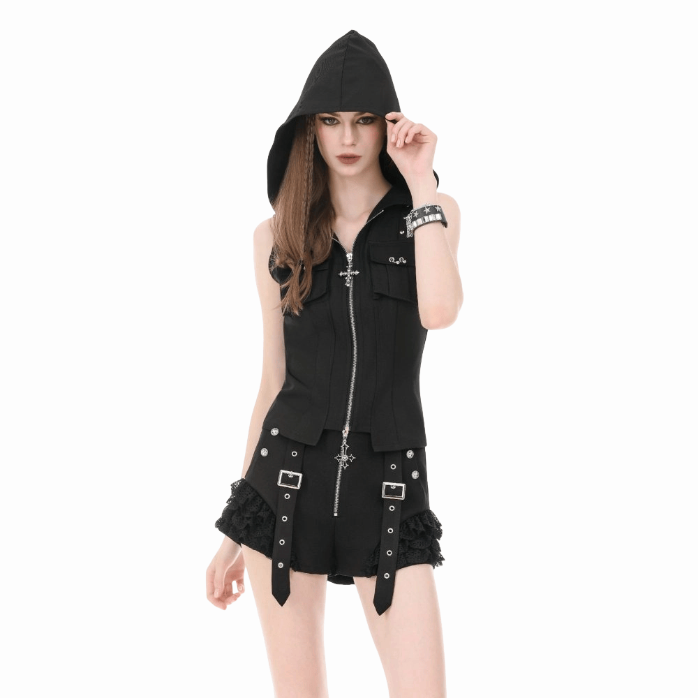 Darkinlove Women's Punk Studded Zipper Hooded Vest