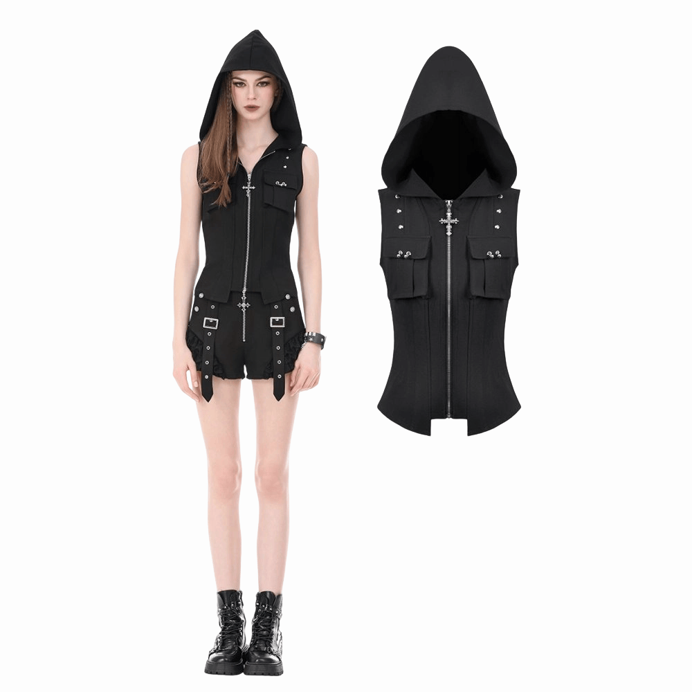 Darkinlove Women's Punk Studded Zipper Hooded Vest