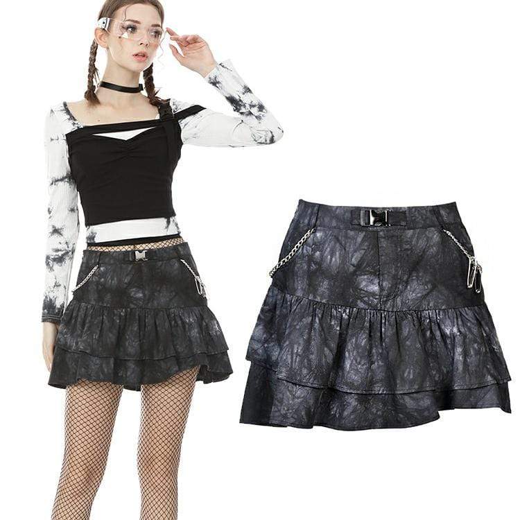 Darkinlove Women's Punk Tie-dye Double-layer Mini Skirts with Metal Chain