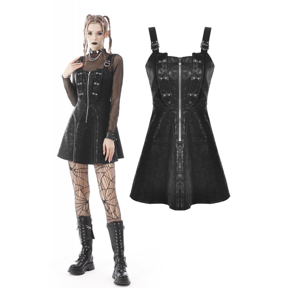 Darkinlove Women's Punk Zipper Faux Leather Slip Dress