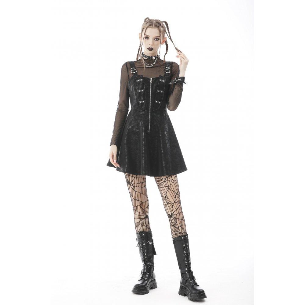 Darkinlove Women's Punk Zipper Faux Leather Slip Dress