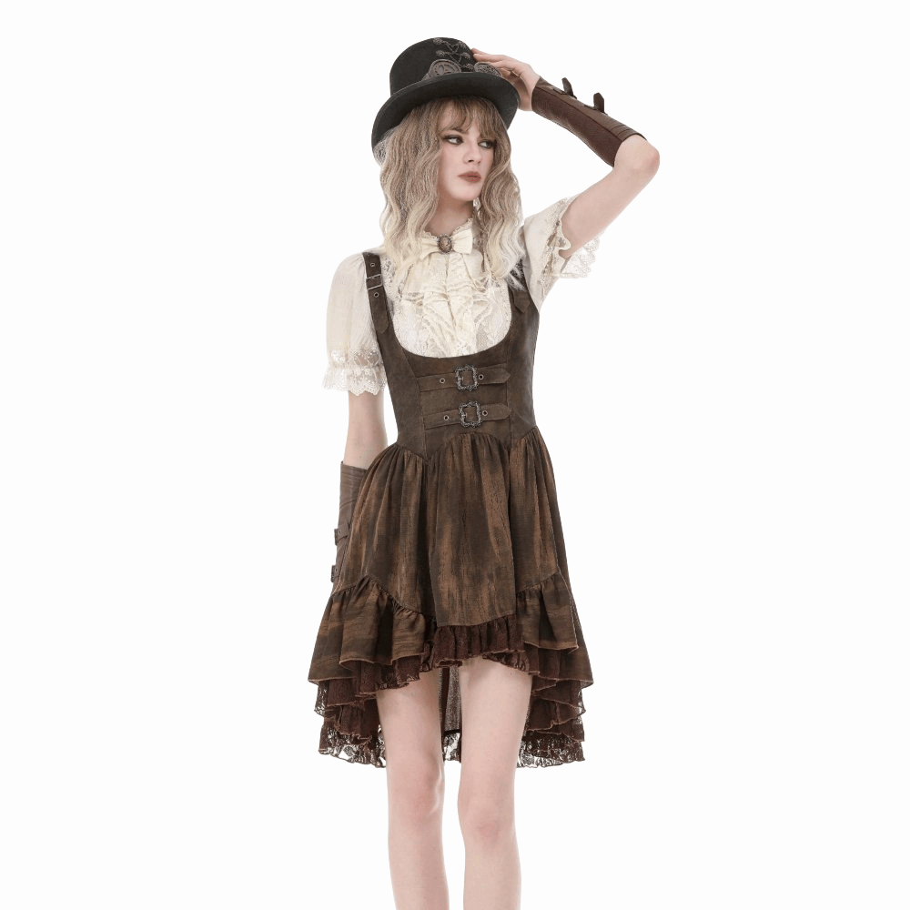 Darkinlove Women's Steampunk Lace Patchwork Lace-up Puff Sleeve Shirt