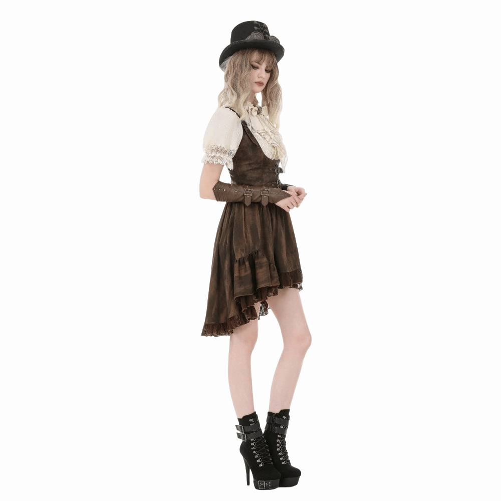 Darkinlove Women's Steampunk Lace Patchwork Lace-up Puff Sleeve Shirt
