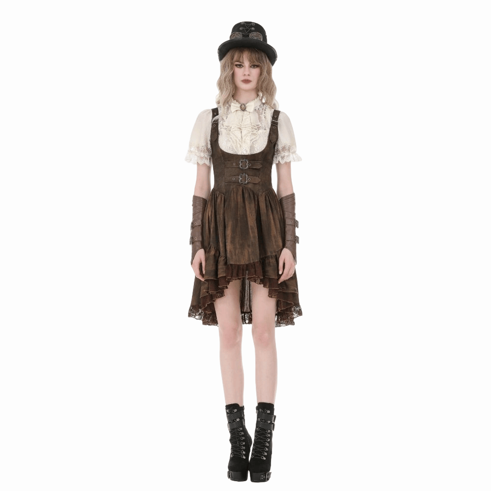 Darkinlove Women's Steampunk Lace Patchwork Lace-up Puff Sleeve Shirt